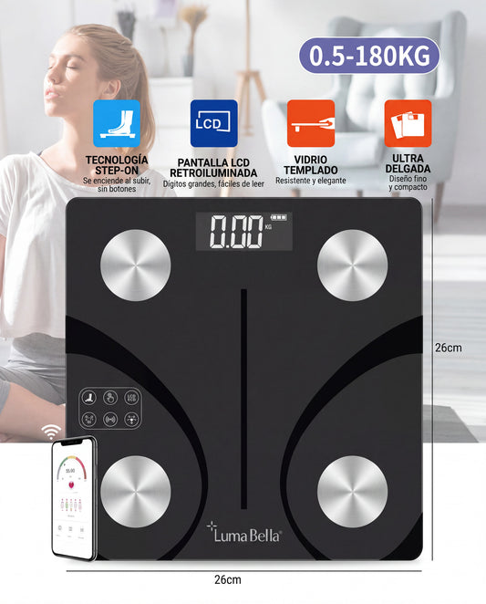 Balanza Digital Corporal Luma Bella LB-69024 Vidrio Negro con Arcos y App