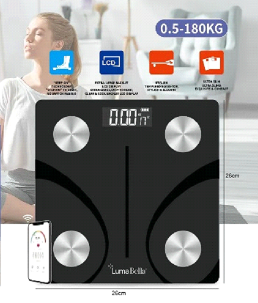 Balanza digital corporal Luma Bella LB-69024 de vidrio negro con arcos