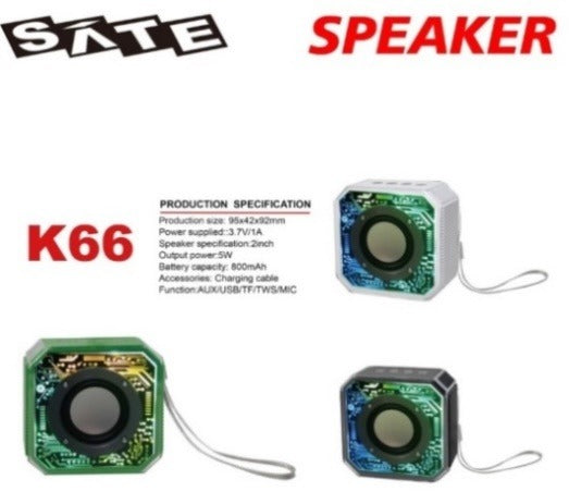 Parlante portátil SATE K66 disponible en negro, verde y blanco