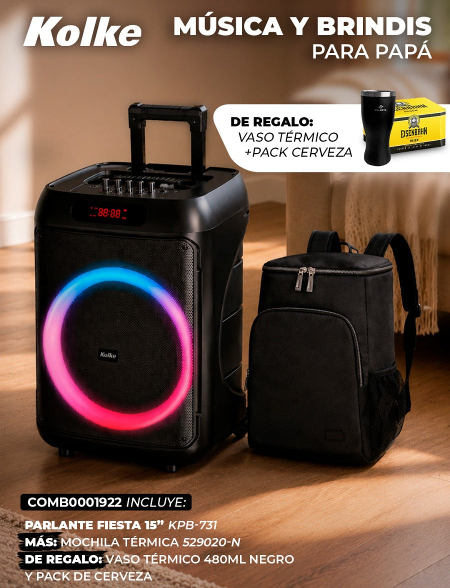 Combo Día del Padre — Parlante Fiesta FX15 KPB-731 + Mochila Térmica Oxford + Vaso y Cerveza de Regalo