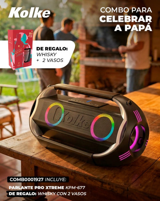 Combo Día del Padre — Parlante Pro Xtreme KPM-677 + Whisky con 2 Vasos de Regalo