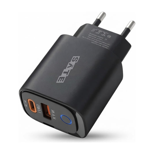 Adaptador Cargador SATE A-CC1204 12W USB + Tipo C Carga Rápida Compacto sobre fondo blanco