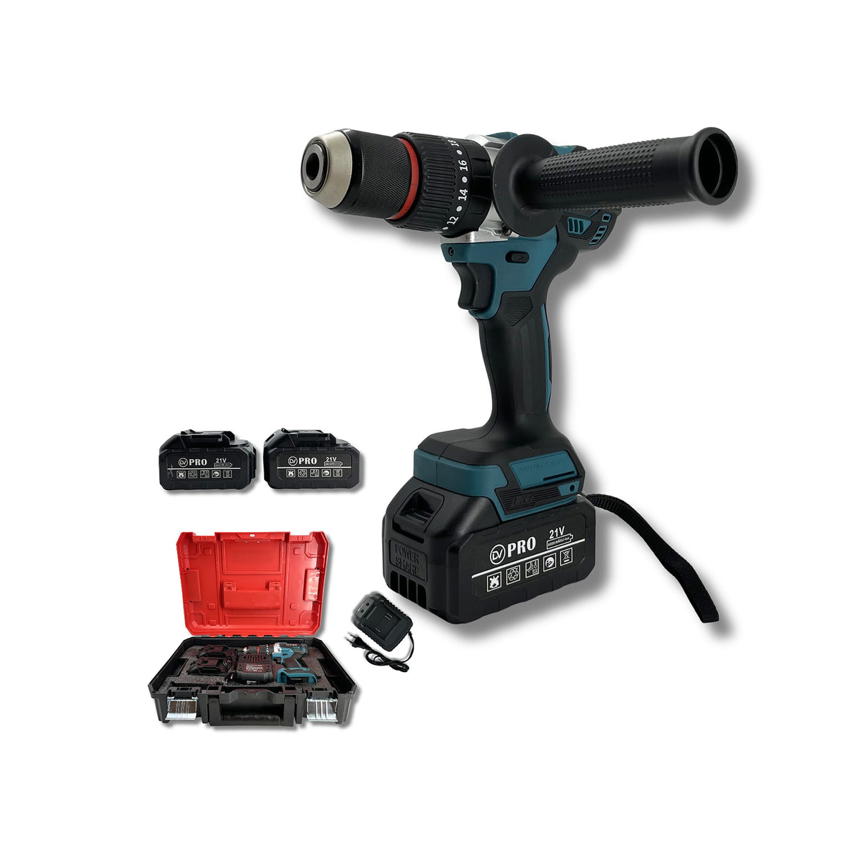 Taladro Percutor Inalámbrico Brushless DV-6013B  150Nm 13mm con Maletín y 2 Baterías de DIVINO, producto centrado sobre fondo blanco