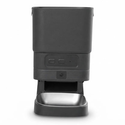 Alimentador automático para mascotas SATE XR-04 de 4 litros con cámara, color negro sobre fondo blanco