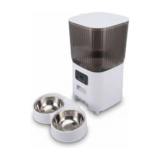 Alimentador automático para mascotas de 5 litros con cámara y doble bandeja, vista de producto sobre fondo blanco