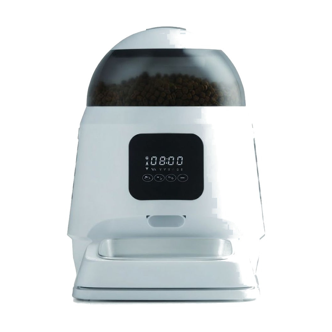 Alimentador automático blanco con depósito transparente y pantalla digital