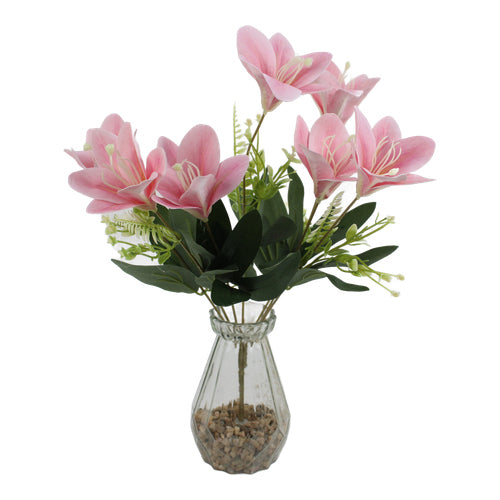 Arreglo de lirios artificiales en florero de vidrio 37 cm