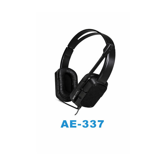 Auricular con Micrófono AE-337 para PC 3.5mm sobre fondo blanco