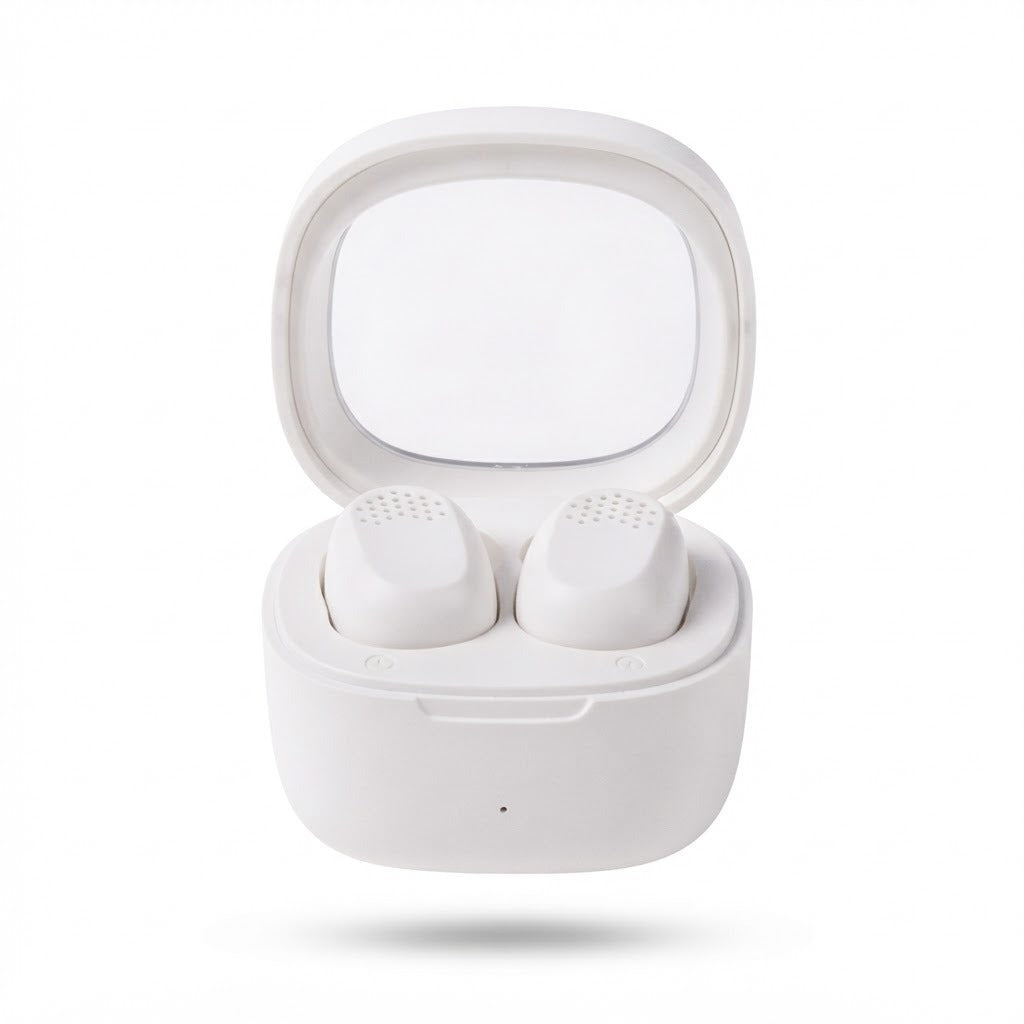 Auriculares Bluetooth SATE A-F42 Blanco con Control Táctil sobre fondo blanco
