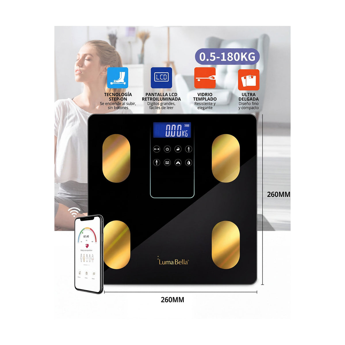 Balanza Digital Corporal Vidrio Negro con App hasta 180kg, vista de producto sobre fondo blanco