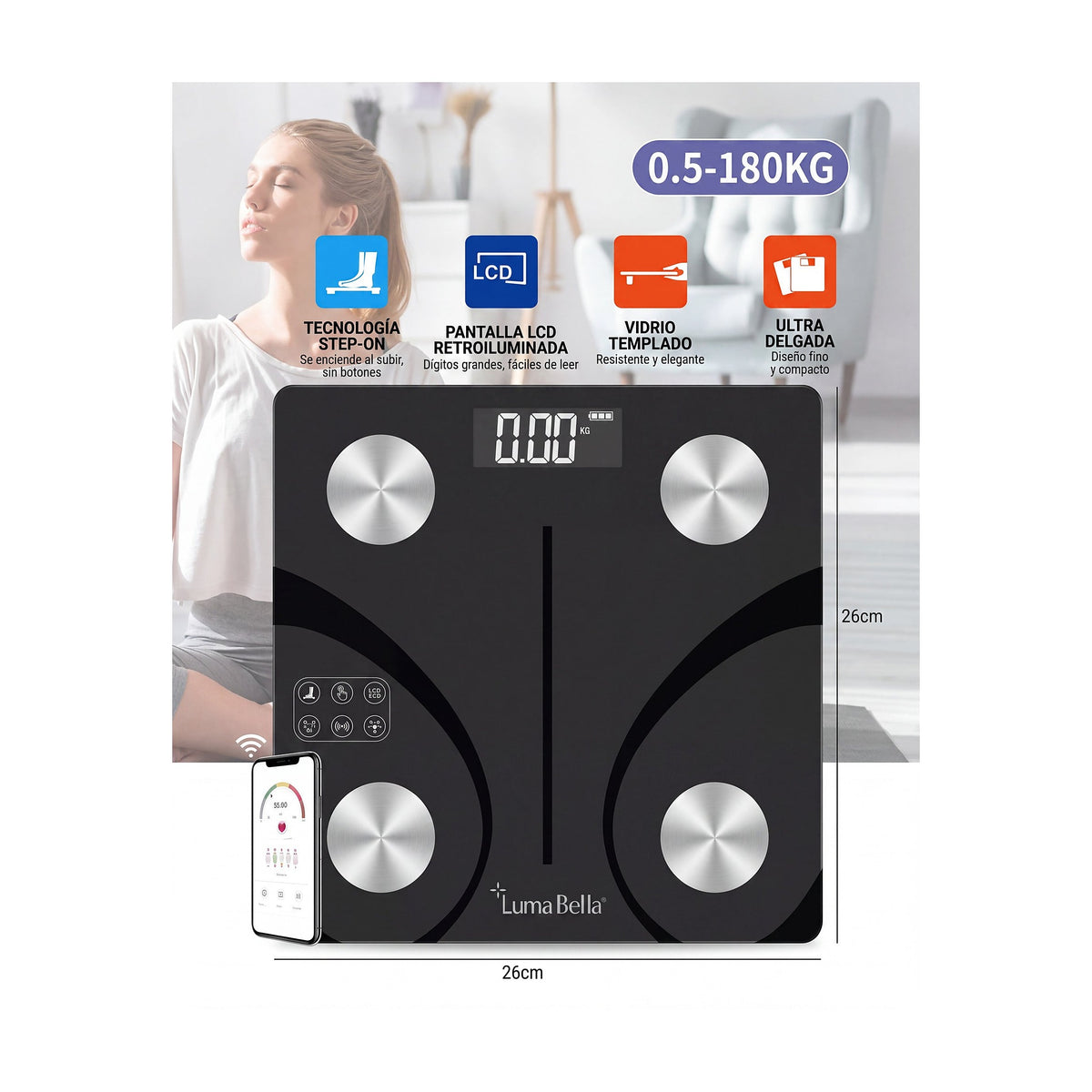 Balanza Digital Corporal Vidrio Negro con Arcos y App, vista de producto sobre fondo blanco