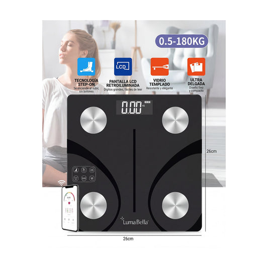 Balanza Digital Corporal Vidrio Negro con Arcos y App, vista de producto sobre fondo blanco