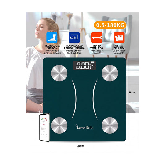 Balanza Digital Corporal Verde Petróleo con App hasta 180kg, vista de producto sobre fondo blanco
