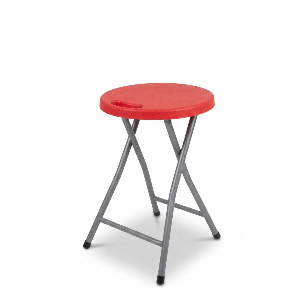 Butaca plegable de plástico rojo con patas metálicas