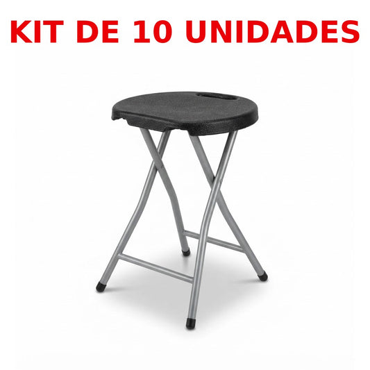 Butaca plegable de plástico negro con patas metálicas, kit de 10 unidades