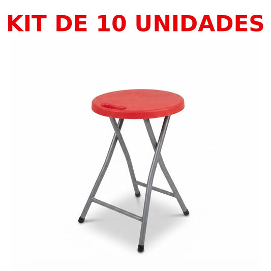 Butaca plegable de plástico rojo con patas metálicas, kit de 10 unidades