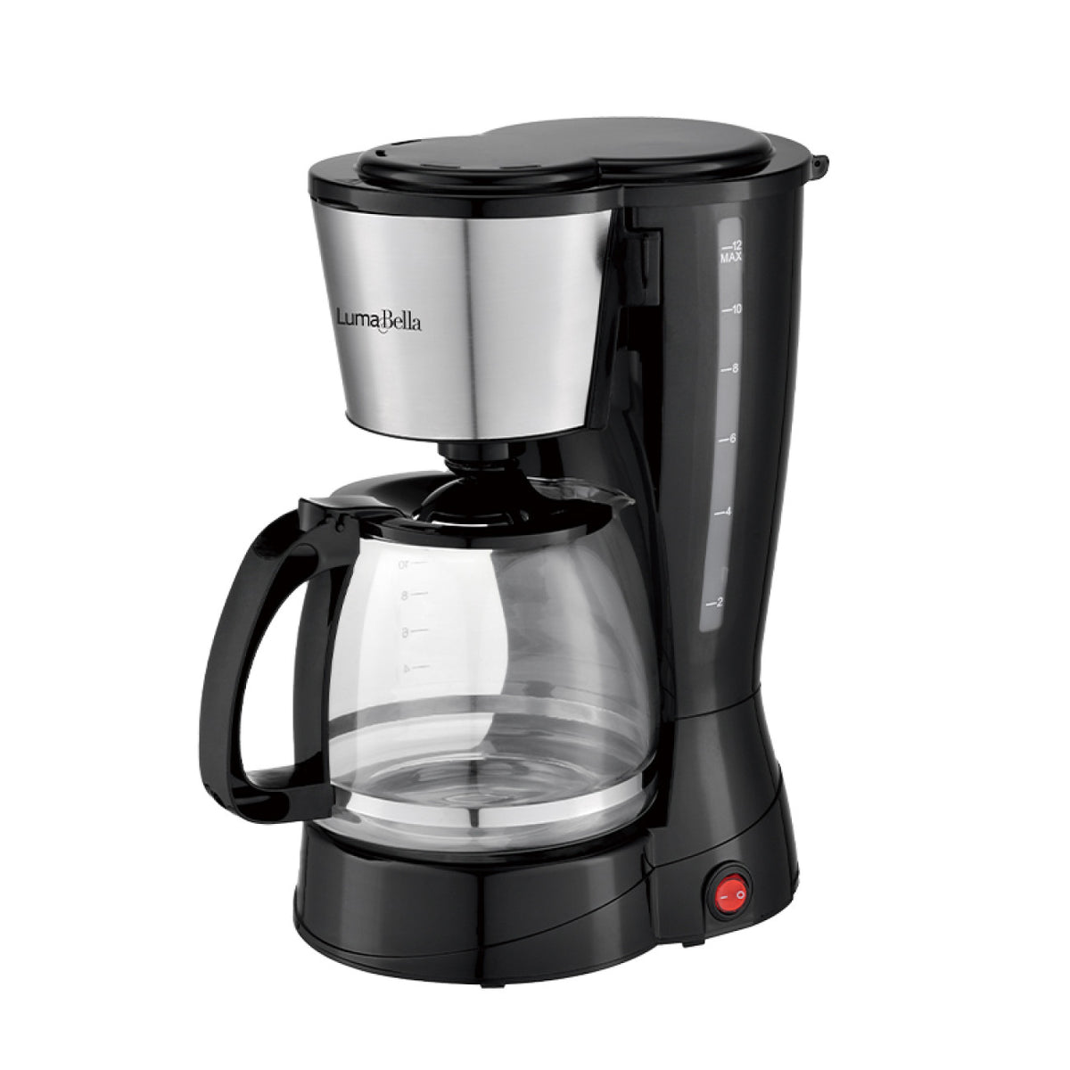 Cafetera de filtro Luma Bella LB-54001 negra con filtro cónico de acero, jarra de vidrio con asa negra y base con interruptor rojo