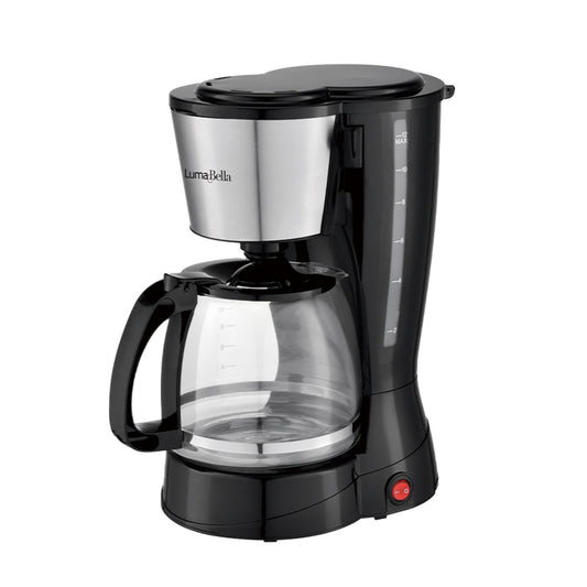 Cafetera de filtro Luma Bella LB-54001 negra con filtro cónico de acero, jarra de vidrio con asa negra y base con interruptor rojo