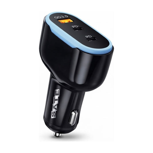 Cargador de Auto SATE A-CC2014 30W USB QC3.0 + 2 Tipo C PD Carga Rápida Compacto sobre fondo blanco