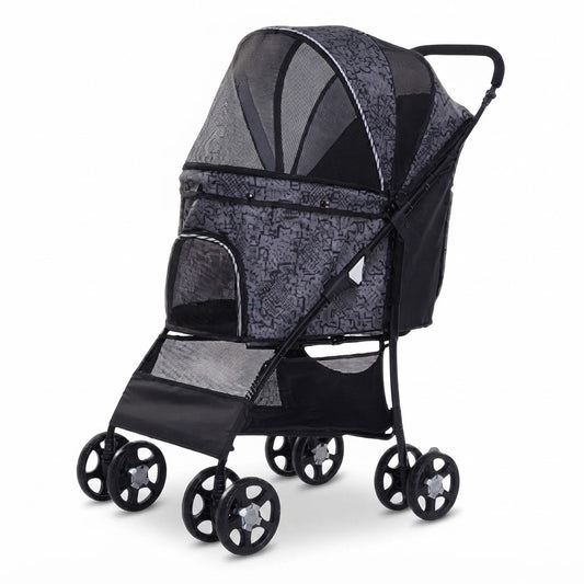 Carrito para mascotas para paseo y transporte, vista de producto sobre fondo blanco