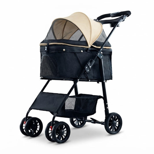 Carrito para mascotas para paseo y transporte, vista de producto sobre fondo blanco