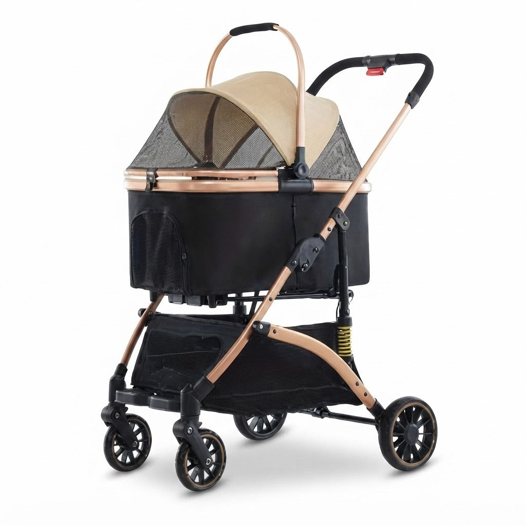 Carrito para mascotas para paseo y transporte, vista de producto sobre fondo blanco
