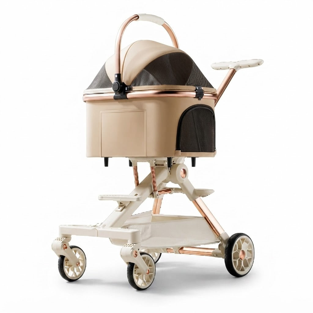 Carrito para mascotas para paseo y transporte, vista de producto sobre fondo blanco