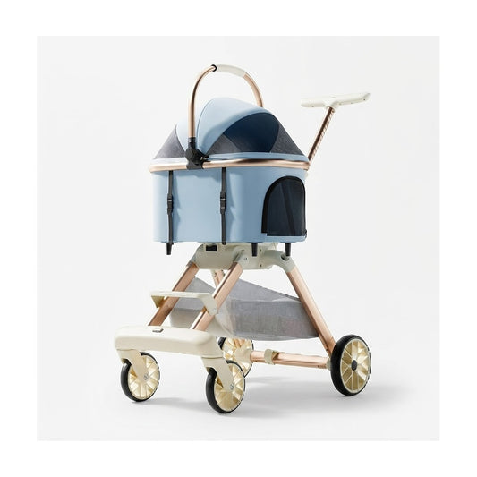 Carrito para mascotas para paseo y transporte, vista de producto sobre fondo blanco