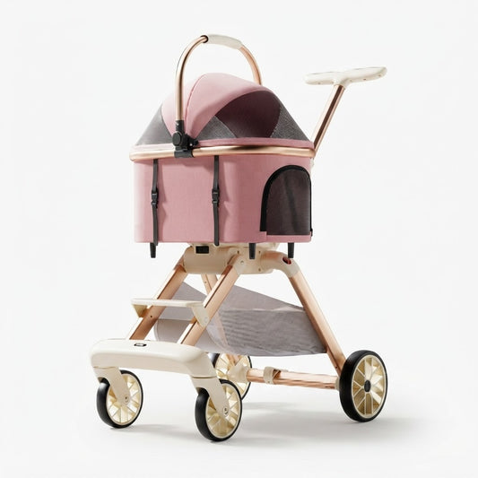 Carrito para mascotas para paseo y transporte, vista de producto sobre fondo blanco