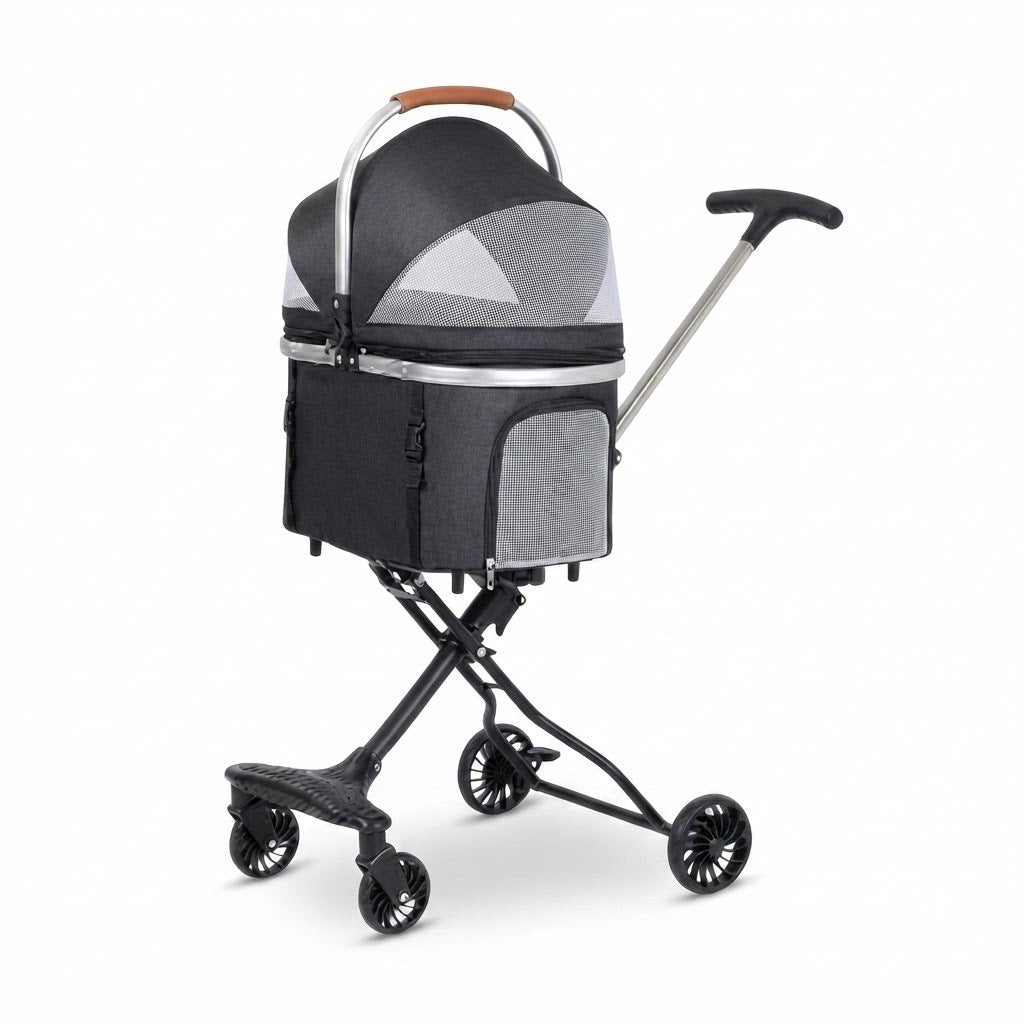 Carrito para mascotas color gris, vista de producto sobre fondo blanco