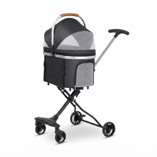 Carrito para mascotas color gris, vista de producto sobre fondo blanco