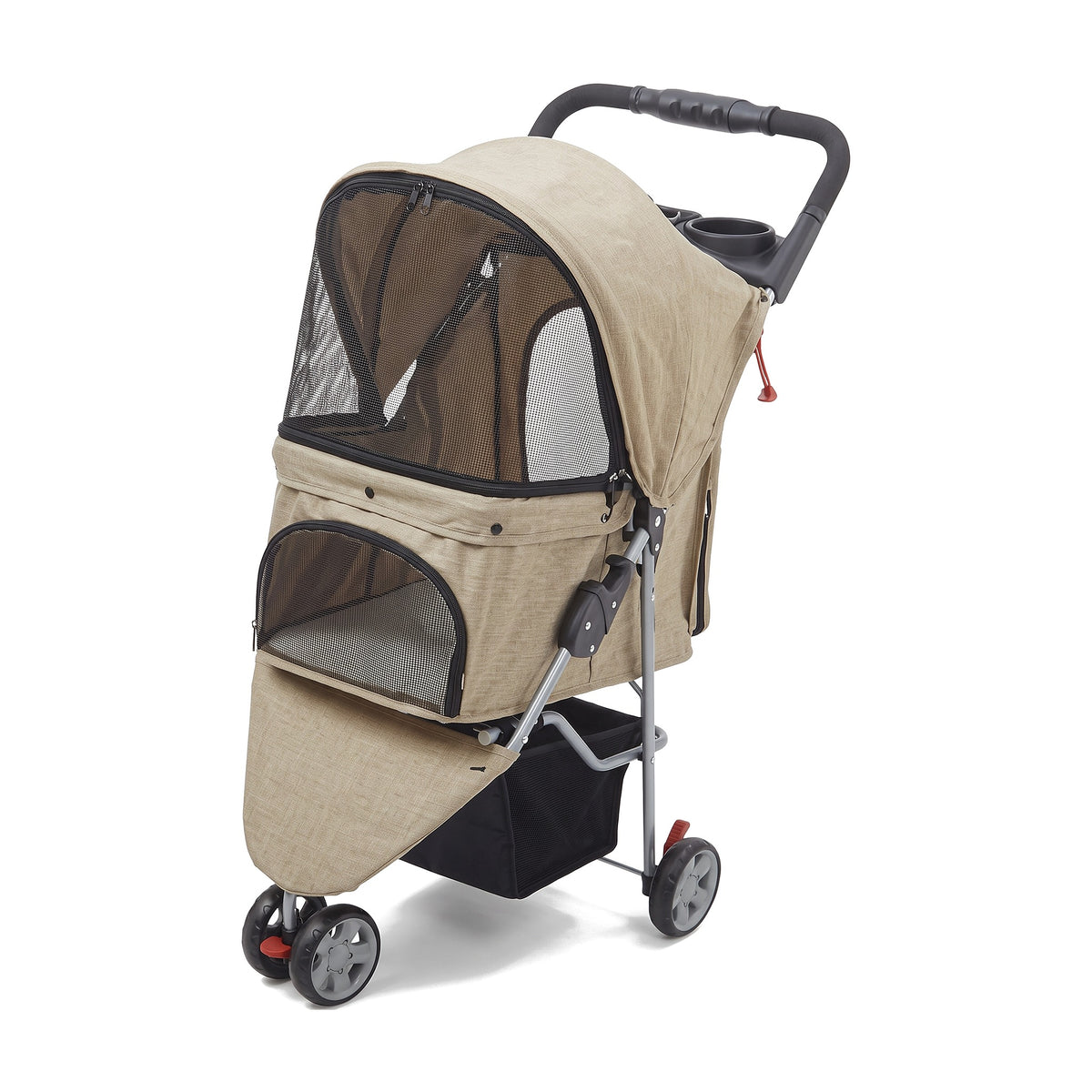 Cochecito para mascotas beige de tres ruedas con capota de malla