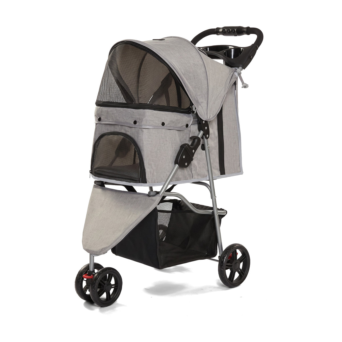 Cochecito para mascotas gris de tres ruedas con capota de malla