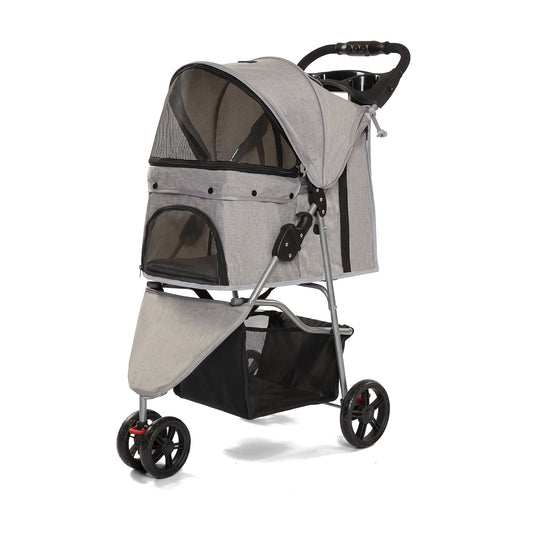 Cochecito para mascotas gris de tres ruedas con capota de malla