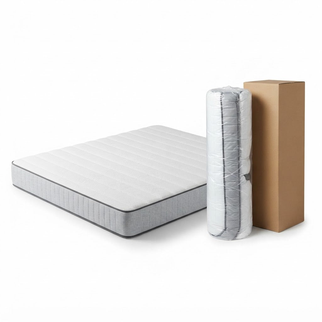 Colchón box blanco abierto junto al mismo colchón enrollado y comprimido y una caja de cartón lisa