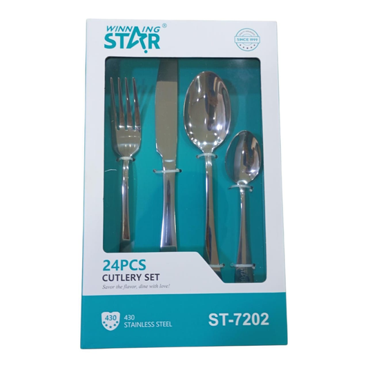 Caja abierta del juego de cubiertos Winning Star ST-7202 con tenedor, cuchillo, cuchara y cucharita de acero inoxidable a la vista
