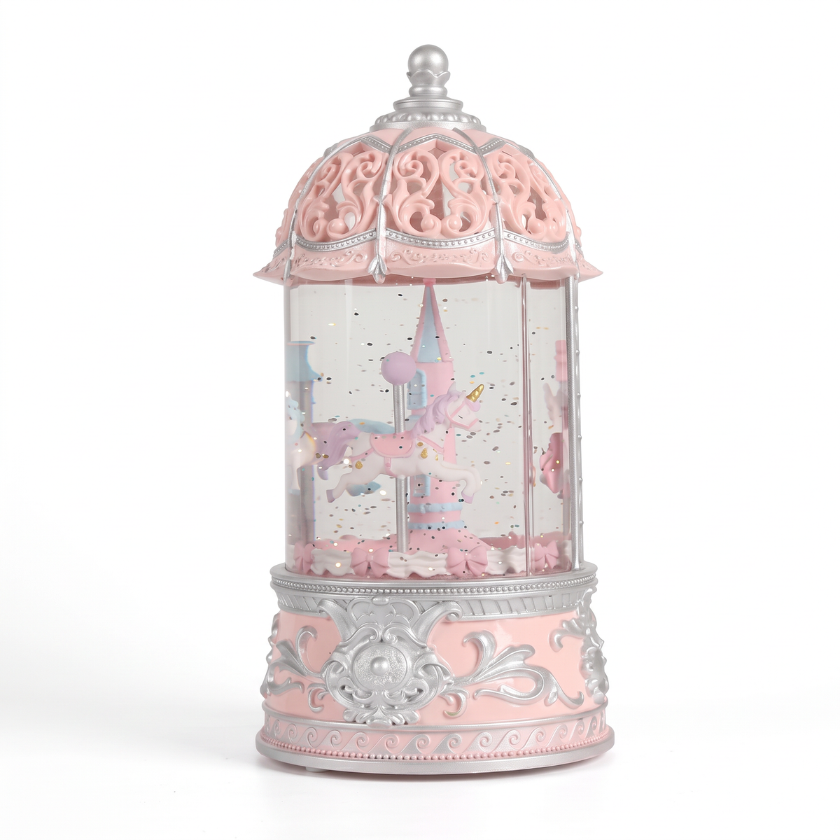 Farol navideño rosado tipo carrusel con base plateada