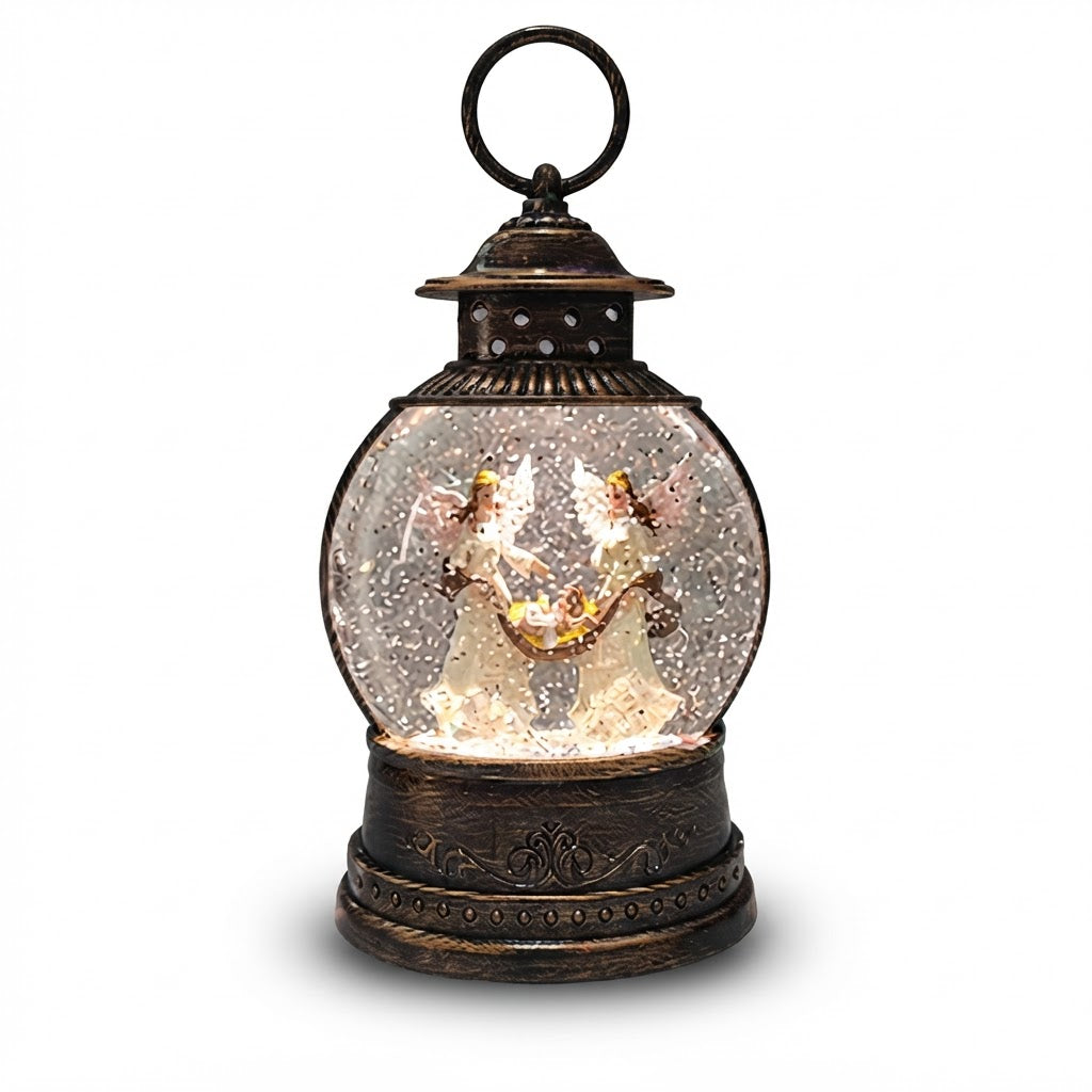 Farol navideño de bronce con cúpula de vidrio y escena del pesebre