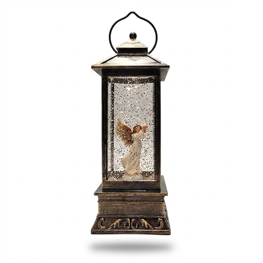 Farol navideño rectangular con ángel iluminado en su interior