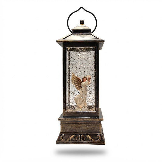 Farol navideño rectangular con ángel iluminado en su interior