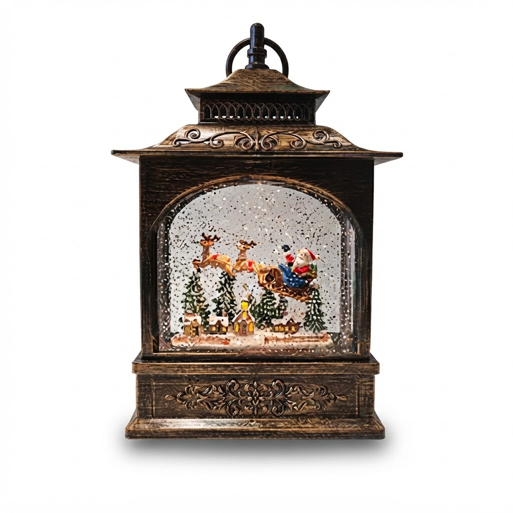Farol navideño cuadrado con pesebre y figuras iluminadas