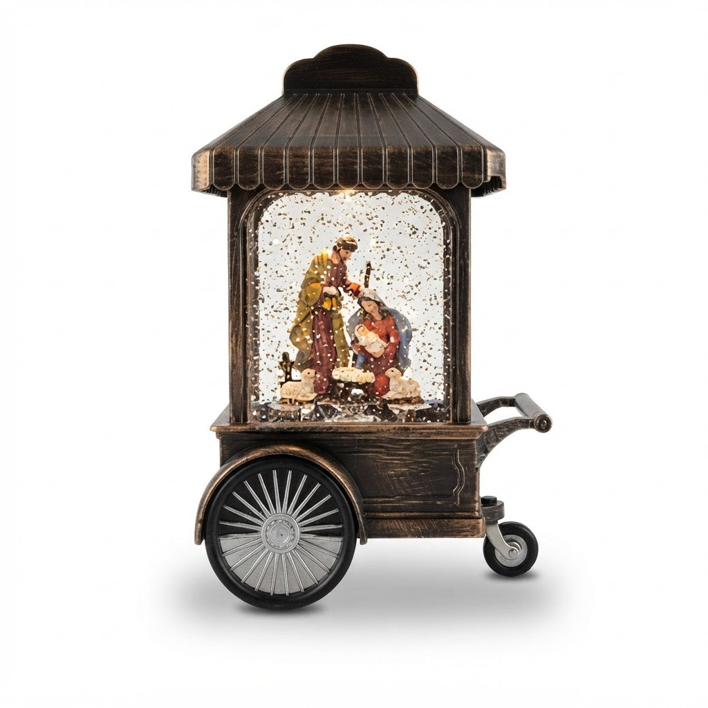 Carrito navideño de bronce con rueda y pesebre iluminado