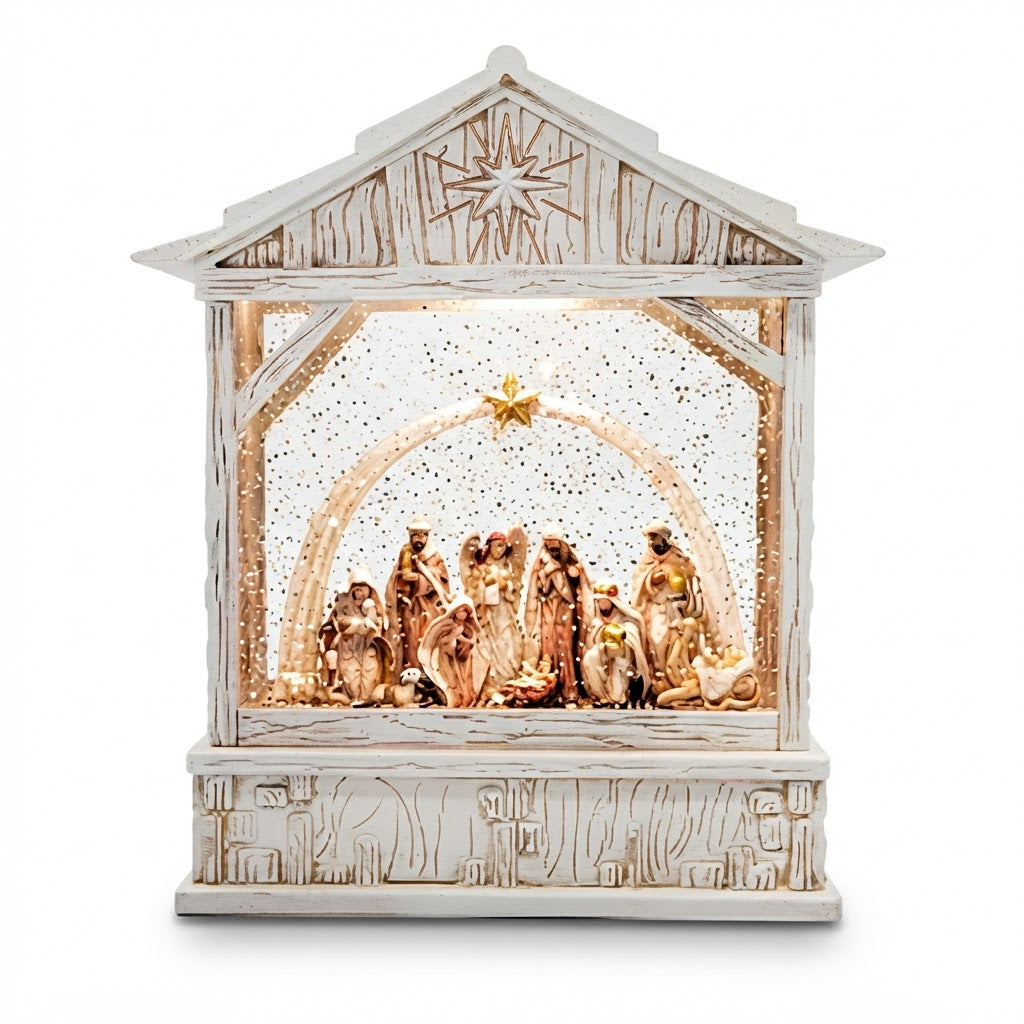 Adorno navideño con forma de casa y pesebre de figuras