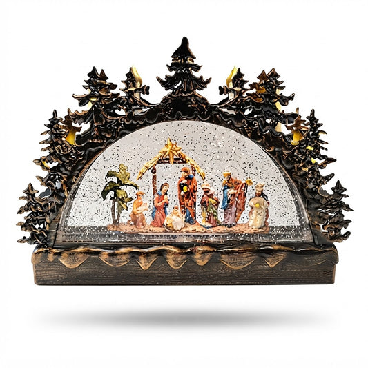 Adorno navideño en arco con pinos y pesebre iluminado