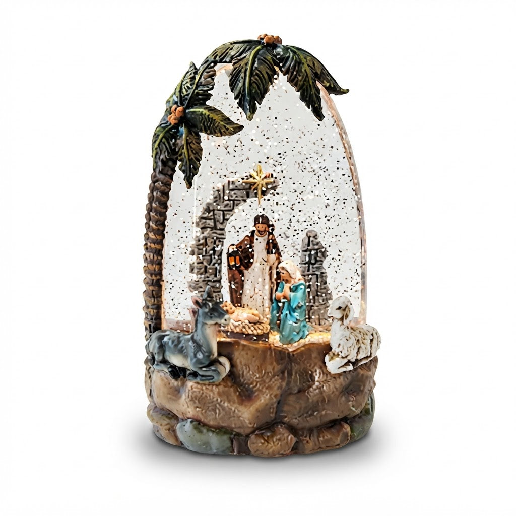 Adorno navideño con palmeras, pesebre y figuras iluminadas