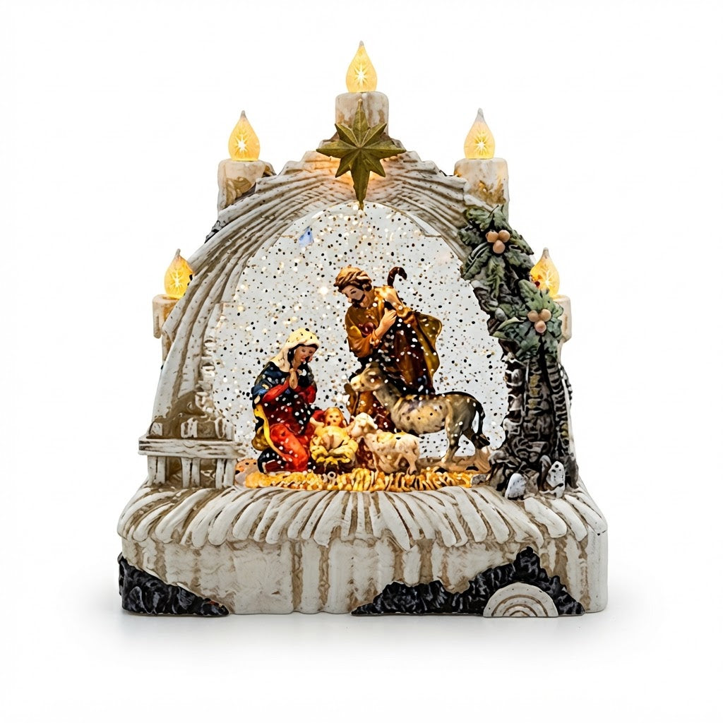 Adorno navideño en arco con estrella, pesebre y animales