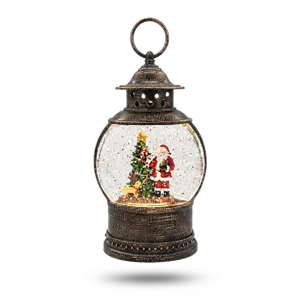 Farol navideño de bronce con Papá Noel y árbol en su interior