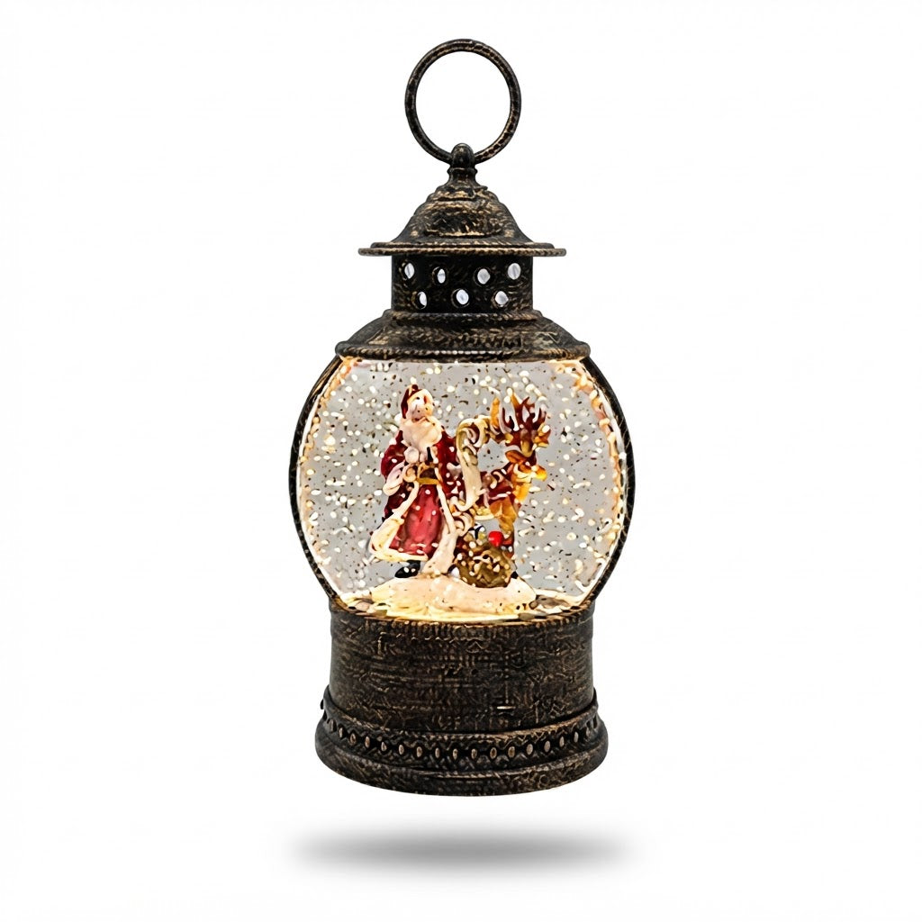 Farol navideño de bronce con Papá Noel iluminado