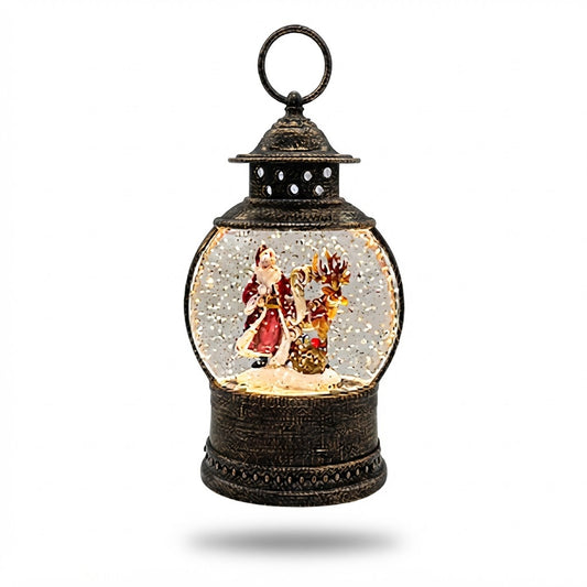 Farol navideño de bronce con Papá Noel iluminado