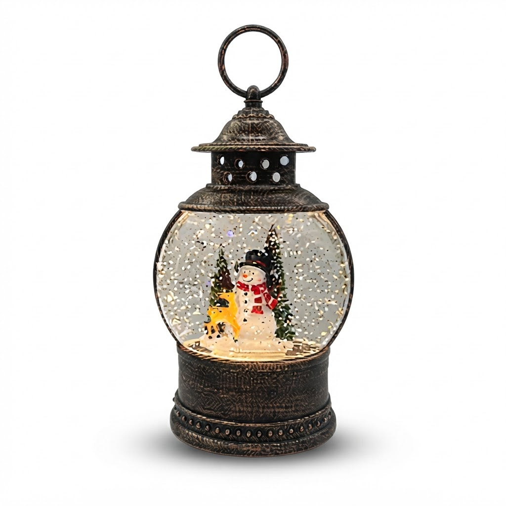Farol navideño de bronce con muñeco de nieve y niño